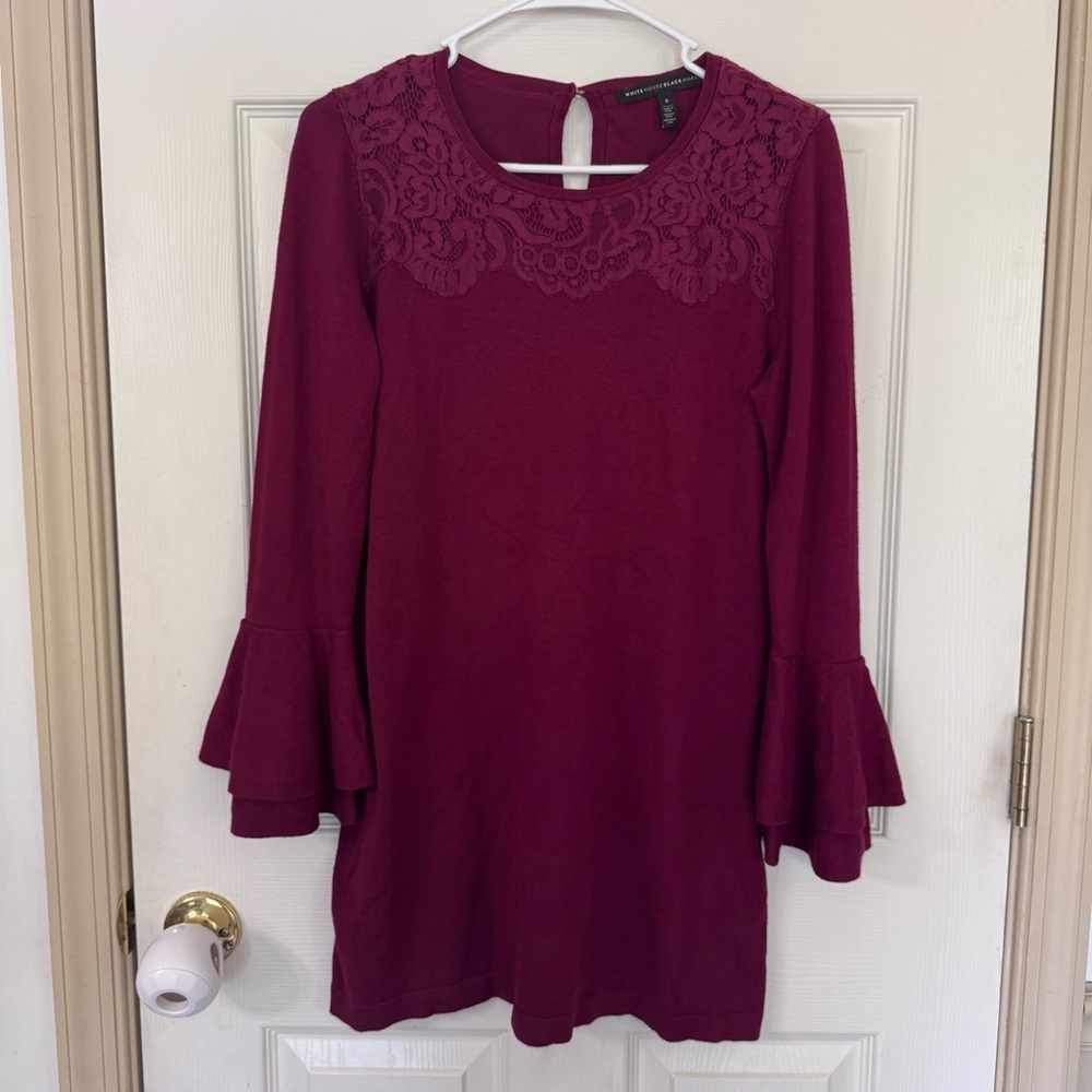 White House Black Market Women’s Size S Wine Long Sleeve Lace Top Ruffle Sleeves